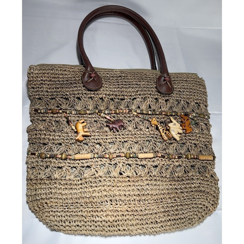 Vintage Cappelli Straw Bag Purse 12.5x11 - Lined Animal Safari - Wildlife Retro
